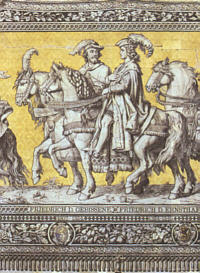 Friedrich der III. (rechts) und sein Vater Friedrich II. (links) auf dem Fürstenzug in Dresden.